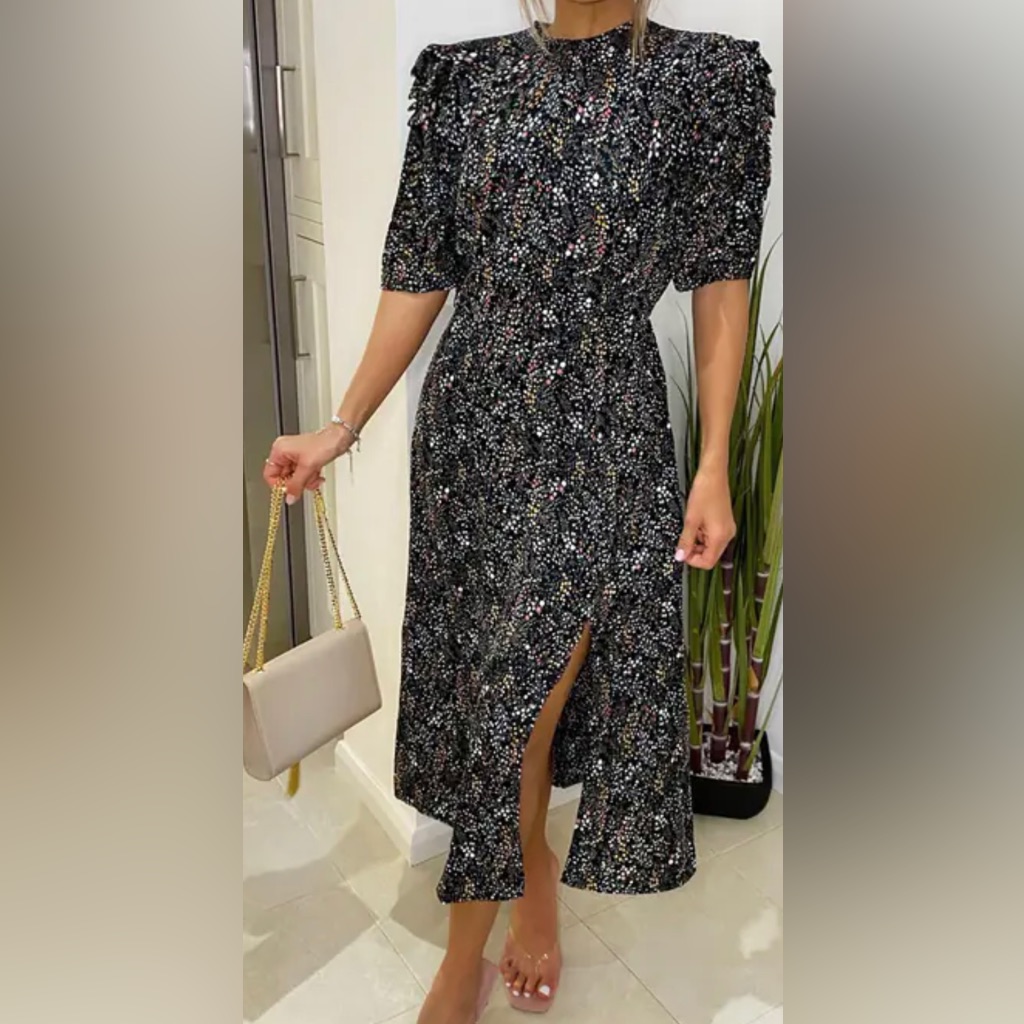 Black Floral Pleated Puff Sleeve Midi Dress With A Slit On The Side